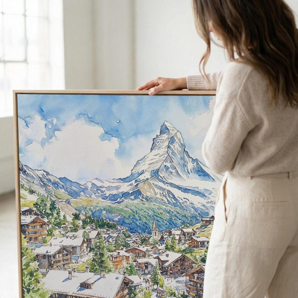 04 - Woman standing next to Large Zermatt Switzerland Watercolor - Square Canvas Print with Natural floater Frame.jpg 04 - Woman standing next to Large Zermatt Switzerland Watercolor - Square Canvas Print with Natural floater Frame.jpg