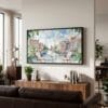 05 - Amsterdam Balcony View Watercolor - Panorama Canvas Print with Black Floater Frame - Mid Century Room 2.jpg