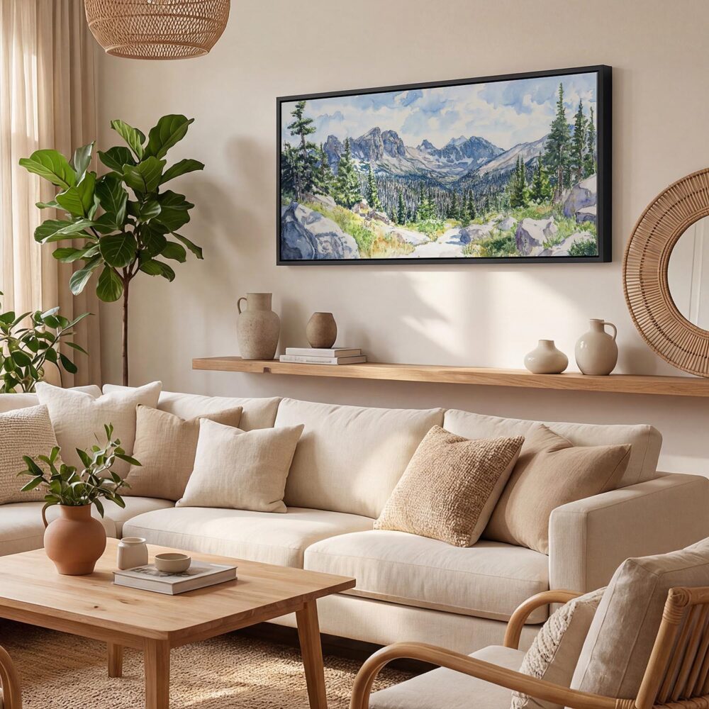 05 - Colorado Rocky Mountains National Park Watercolor - Panorama Canvas Print with Black Floater Frame - Boho Room.jpg 05 - Colorado Rocky Mountains National Park Watercolor - Panorama Canvas Print with Black Floater Frame - Boho Room.jpg