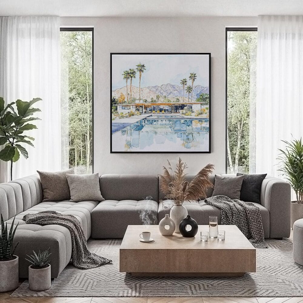 05 - Framed Abstract Palm Springs Square Watercolor Canvas Print - Contemporary Living Room.jpg 05 - Framed Abstract Palm Springs Square Watercolor Canvas Print - Contemporary Living Room.jpg