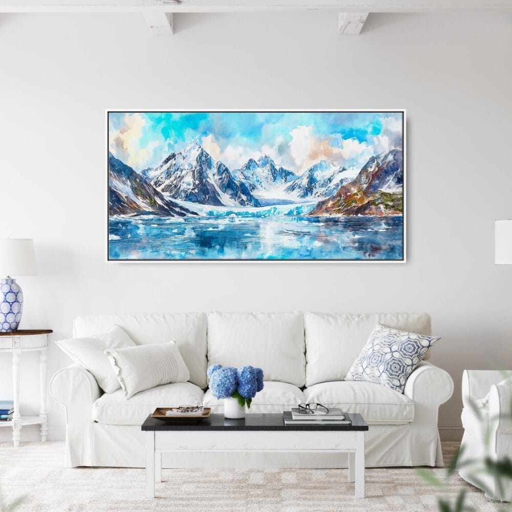 05 - Framed Glacier Bay National Park Panorama Watercolor Canvas Print - Coastal Living Room.jpg 05 - Framed Glacier Bay National Park Panorama Watercolor Canvas Print - Coastal Living Room.jpg