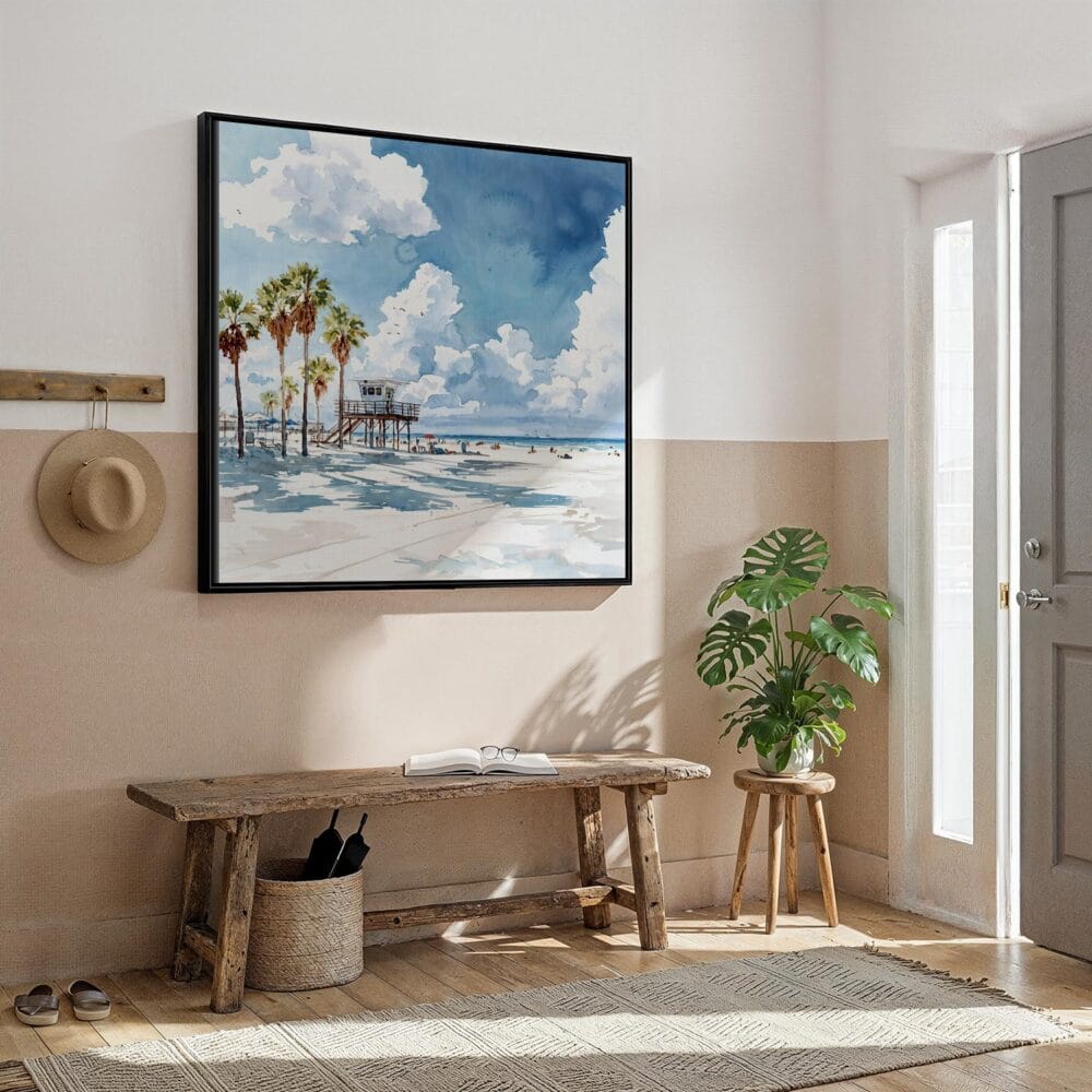05 - Framed Los Angeles Beach Watercolor - Square Canvas Print - Hallway.jpg 05 - Framed Los Angeles Beach Watercolor - Square Canvas Print - Hallway.jpg