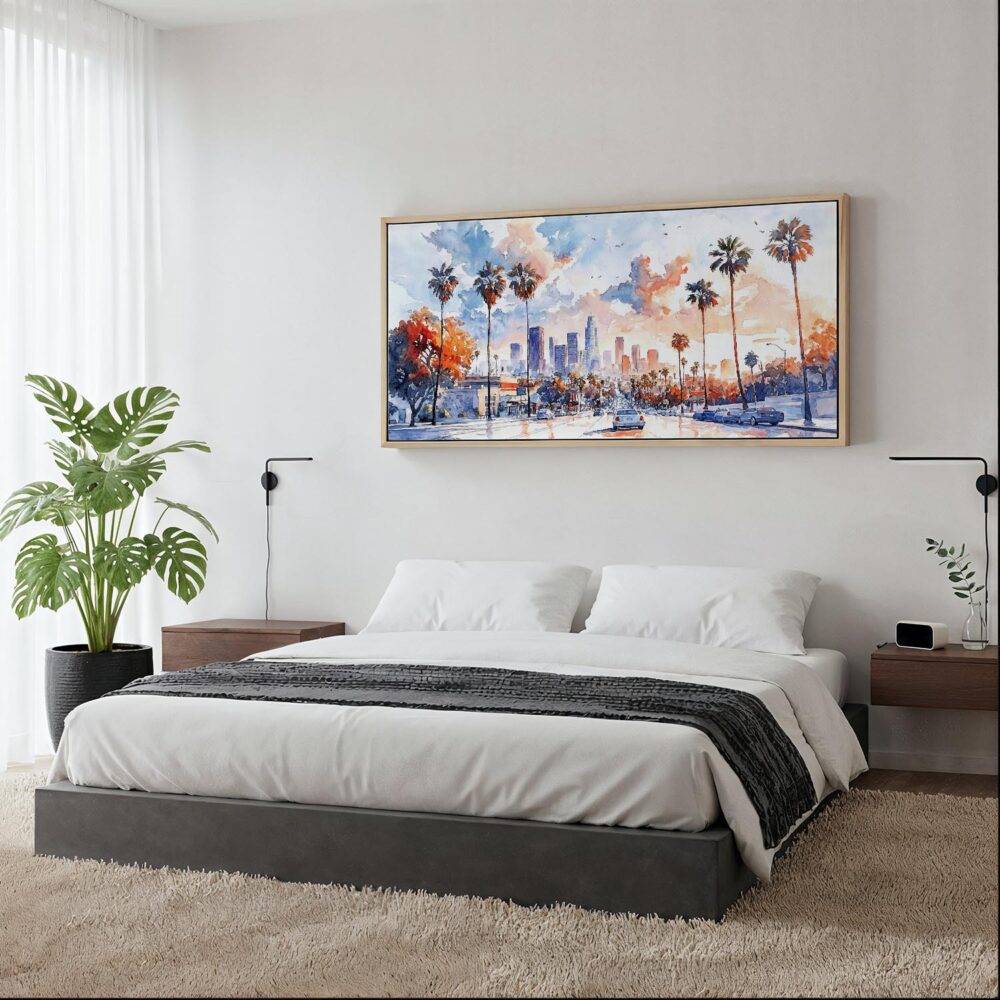 05 - Framed Los Angeles Skyline Watercolor - Panorama Canvas Print - Woman in contemporary Bed Room.jpg 05 - Framed Los Angeles Skyline Watercolor - Panorama Canvas Print - Woman in contemporary Bed Room.jpg