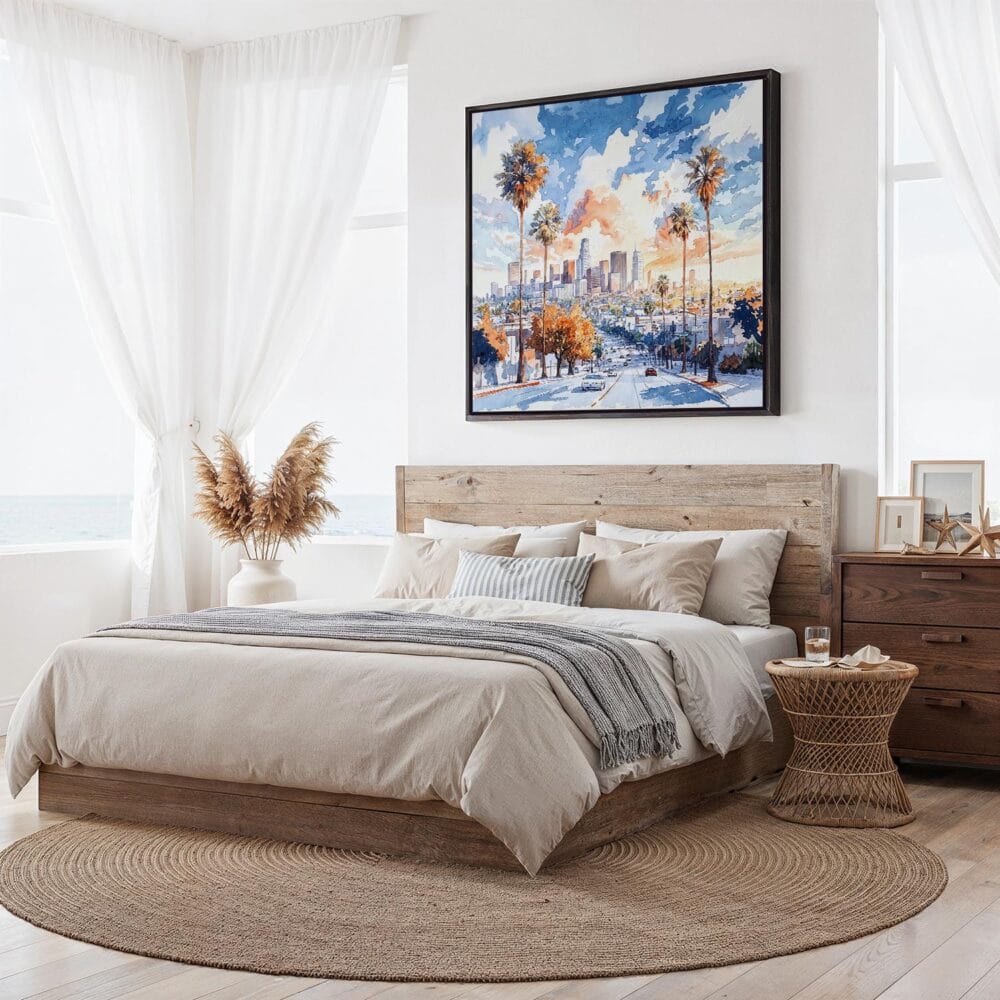 05 - Framed Los Angeles Skyline Watercolor - Square Canvas Print - Bedroom.jpg 05 - Framed Los Angeles Skyline Watercolor - Square Canvas Print - Bedroom.jpg