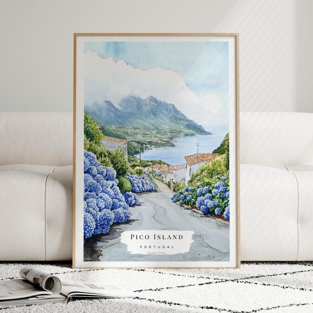 05 - Framed Pico Island Portugal Watercolor Art Print leaning against couch - Vertical.jpg 05 - Framed Pico Island Portugal Watercolor Art Print leaning against couch - Vertical.jpg