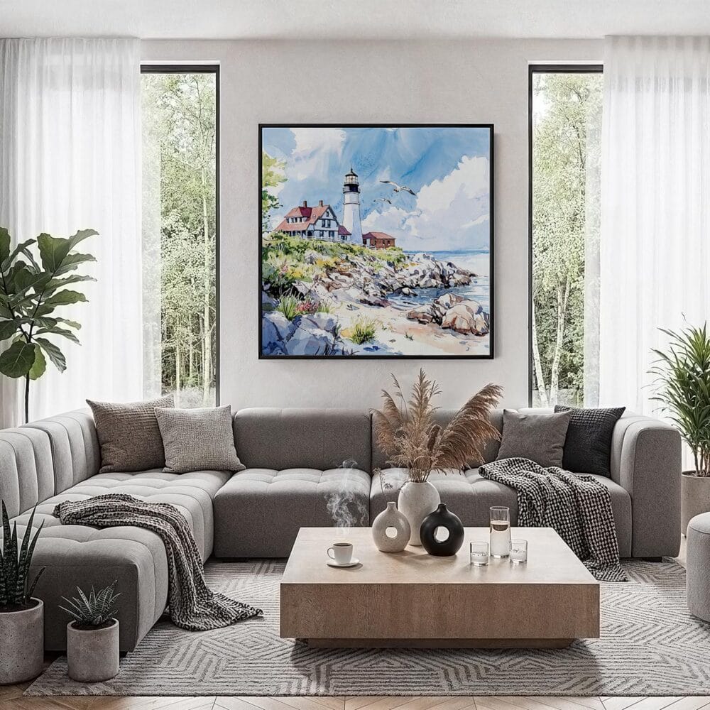 05 - Framed Portland Maine Head Light Watercolor - Square Canvas Print - Contemporary Living Room.jpg 05 - Framed Portland Maine Head Light Watercolor - Square Canvas Print - Contemporary Living Room.jpg