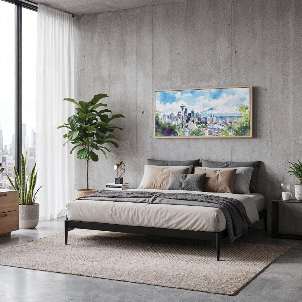 05 - Framed Seattle Watercolor - Panorama Canvas Print - Modern Living Room.jpg 05 - Framed Seattle Watercolor - Panorama Canvas Print - Modern Living Room.jpg