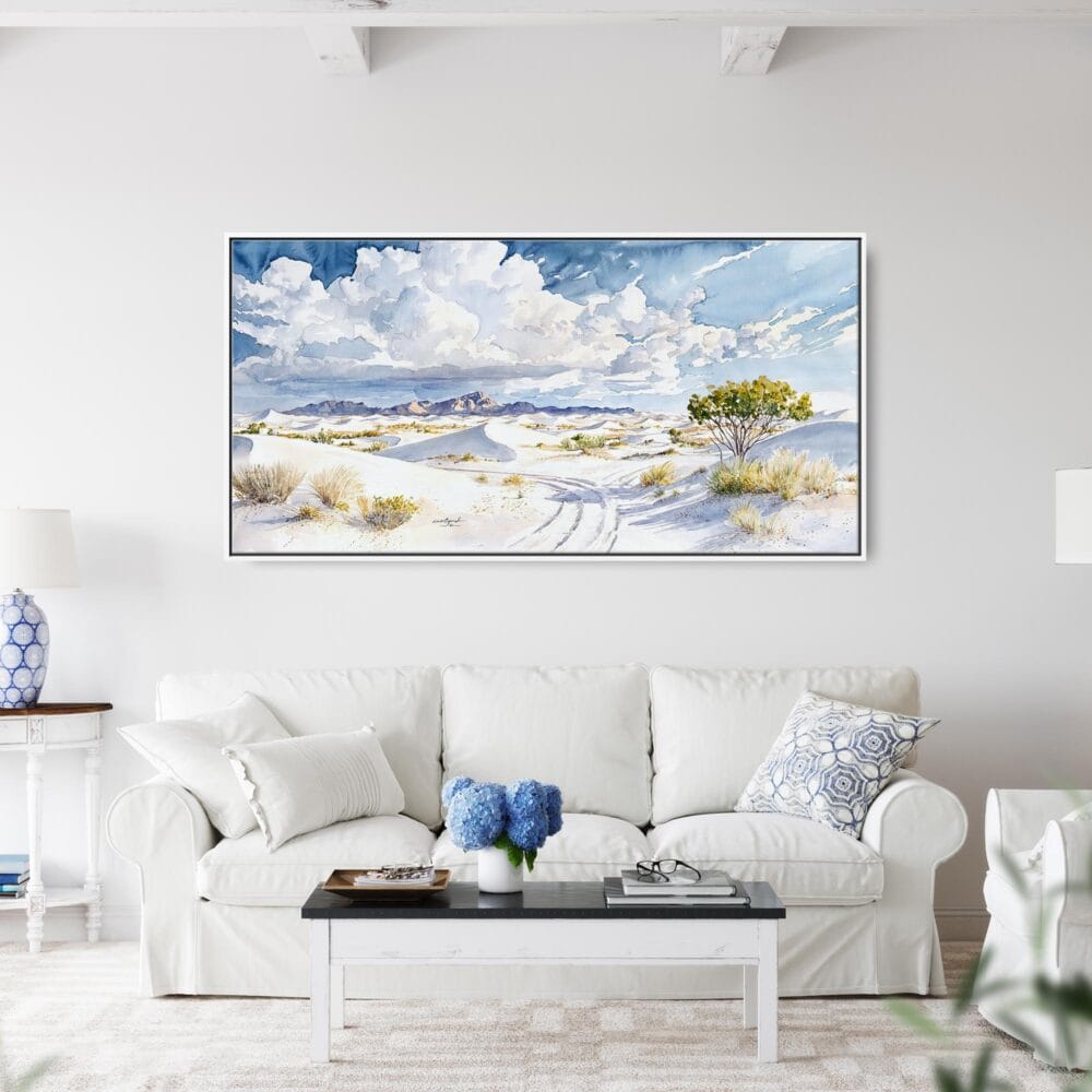 05 - Framed White Sands National Park Panorama Watercolor Canvas Print - Coastal Living Room.jpg 05 - Framed White Sands National Park Panorama Watercolor Canvas Print - Coastal Living Room.jpg