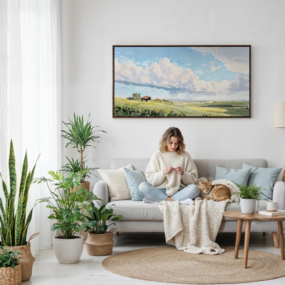 05 - Framed Wind Cave National Park Panorama Watercolor Canvas Print - Woman Knitting on Sofa.jpg 05 - Framed Wind Cave National Park Panorama Watercolor Canvas Print - Woman Knitting on Sofa.jpg