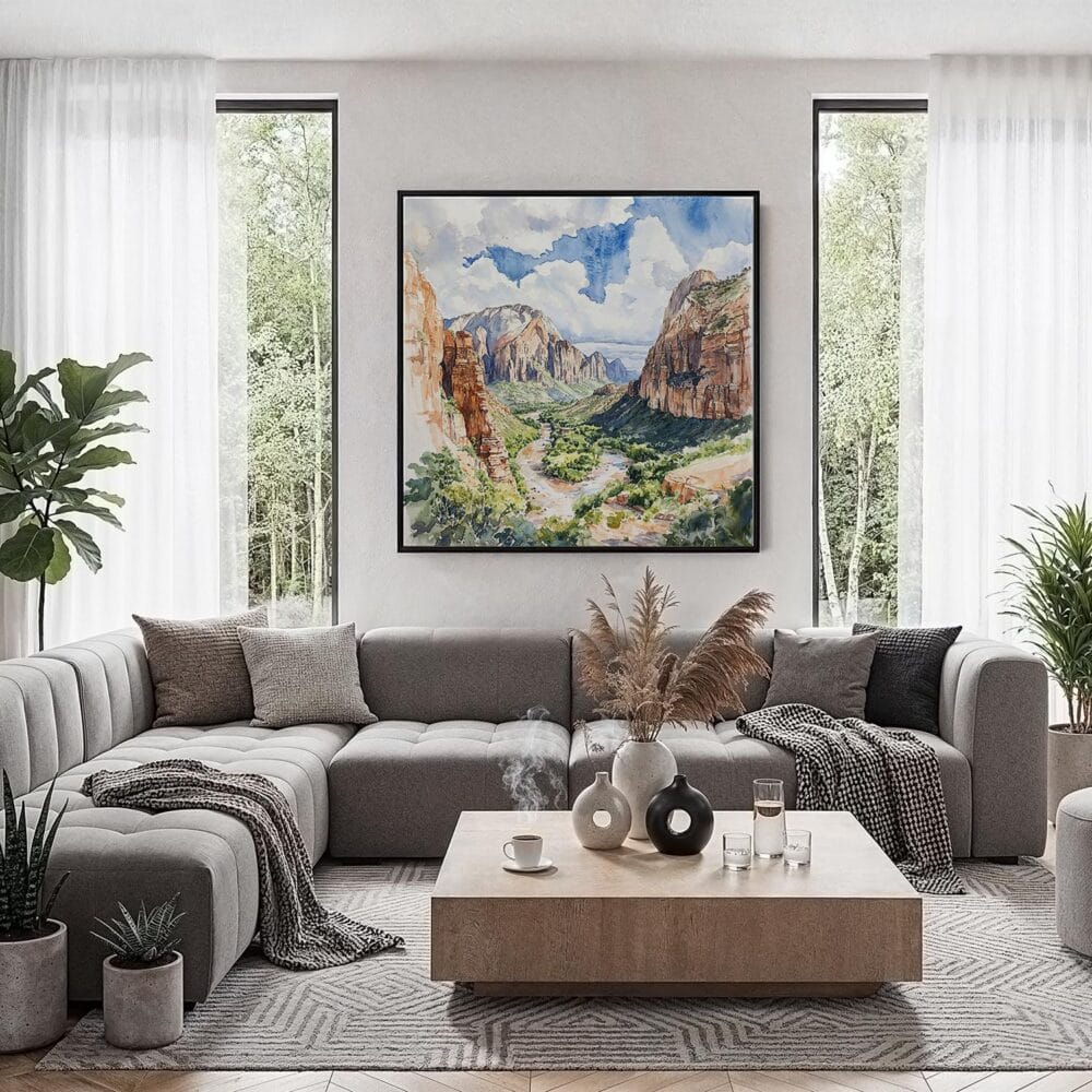 05 - Framed Zion National Park Watercolor Style - Square Canvas Print - Contemporary Living Room.jpg 05 - Framed Zion National Park Watercolor Style - Square Canvas Print - Contemporary Living Room.jpg