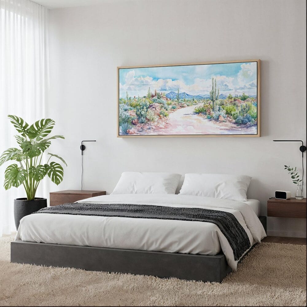 05 - Framed saguaro national park Panorama Watercolor Canvas Print - Woman in contemporary Bed Room.jpg 05 - Framed saguaro national park Panorama Watercolor Canvas Print - Woman in contemporary Bed Room.jpg