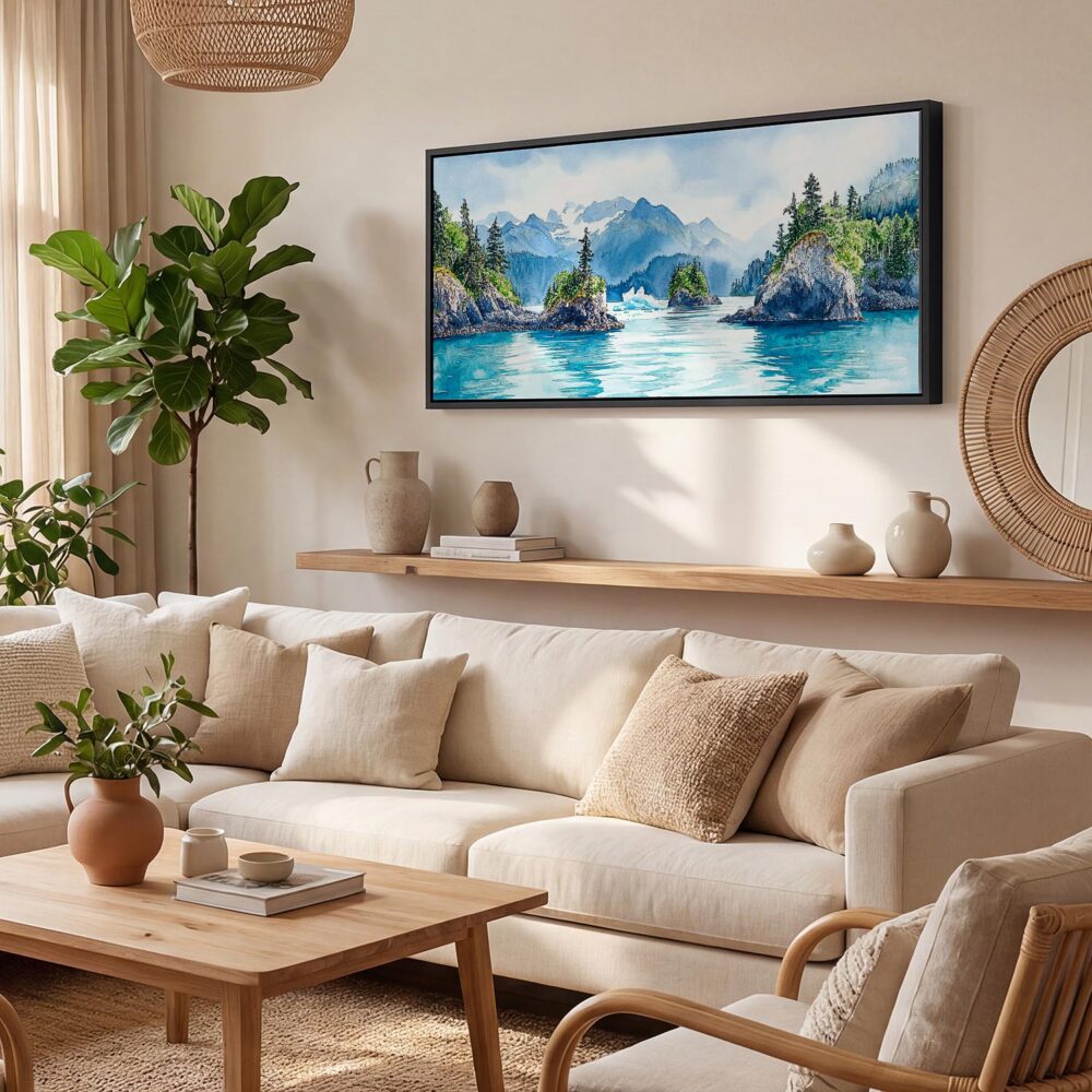 05 - Kenai Fjords National Park Panorama Watercolor Canvas Print with Black Floater Frame - Boho Room.jpg 05 - Kenai Fjords National Park Panorama Watercolor Canvas Print with Black Floater Frame - Boho Room.jpg