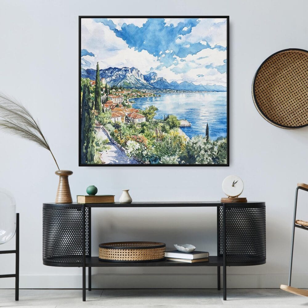 05 - Large Lake Garda Italy Square Watercolor Canvas Print in Midcentury Corner.jpg 05 - Large Lake Garda Italy Square Watercolor Canvas Print in Midcentury Corner.jpg
