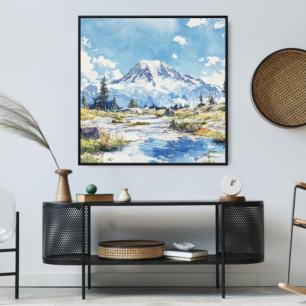 05 - Large Mount Rainier National Park Watercolor Style - Square Canvas Print in Midcentury Corner.jpg 05 - Large Mount Rainier National Park Watercolor Style - Square Canvas Print in Midcentury Corner.jpg