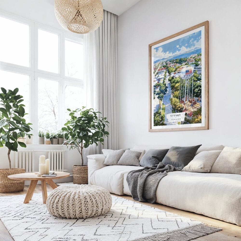 05 - Large Stuart Florida Watercolor Art Print with Wood Frame in Boho Living Room - Vertical.jpg 05 - Large Stuart Florida Watercolor Art Print with Wood Frame in Boho Living Room - Vertical.jpg