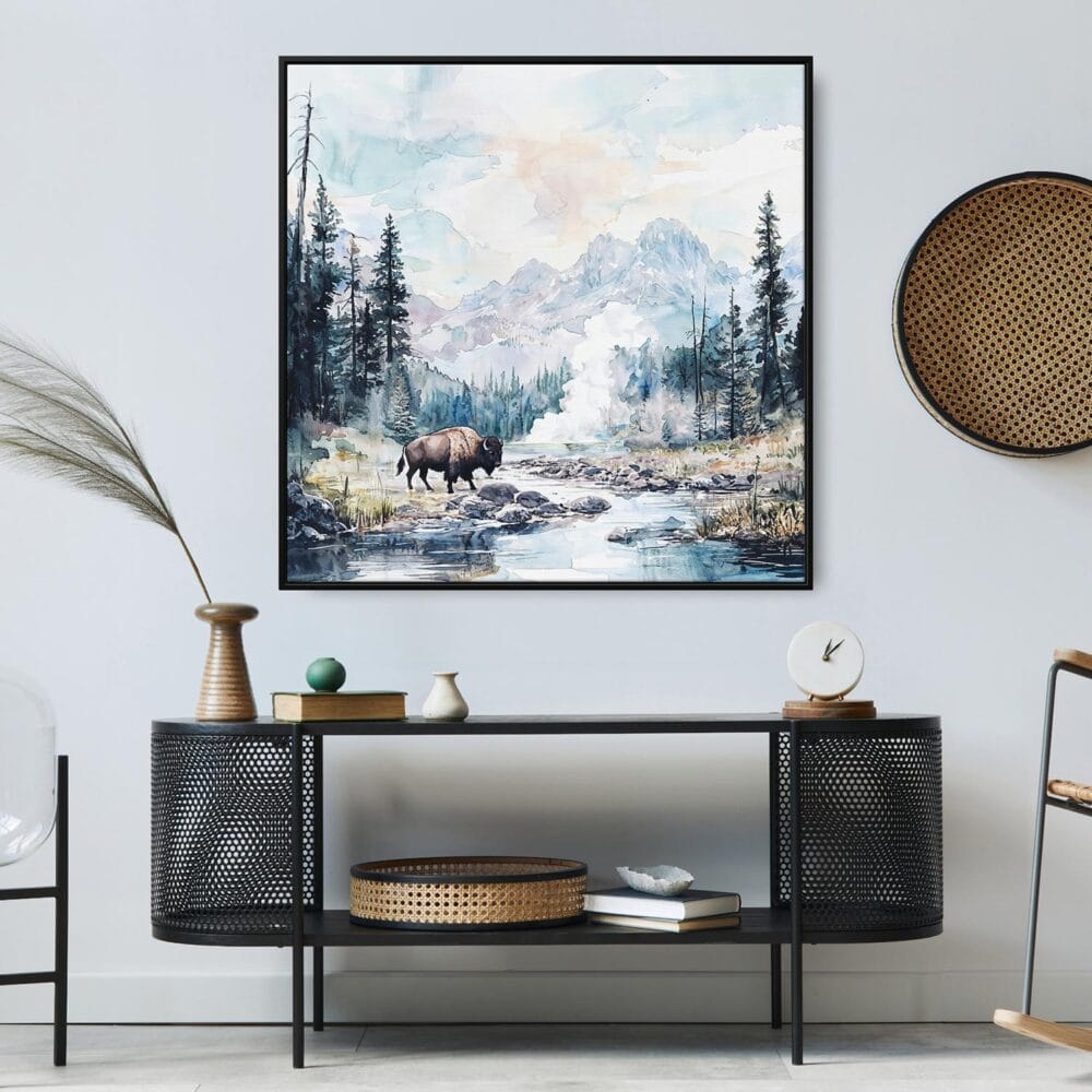 05 - Large Yellowstone National Park Watercolor Style - Square Canvas Print in Midcentury Corner.jpg 05 - Large Yellowstone National Park Watercolor Style - Square Canvas Print in Midcentury Corner.jpg