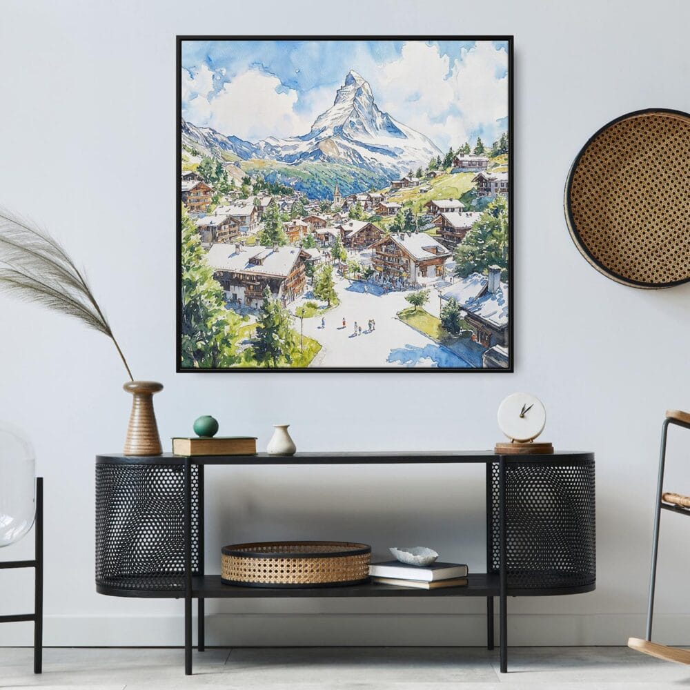 05 - Large Zermatt Switzerland Watercolor - Square Canvas Print in Midcentury Corner.jpg 05 - Large Zermatt Switzerland Watercolor - Square Canvas Print in Midcentury Corner.jpg