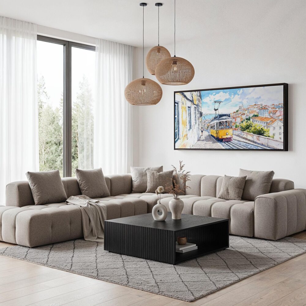 05 - Lisbon Portugal Yellow Tram Watercolor - Panorama Canvas Print with Black Floater Frame - Modern Living Room.jpg 05 - Lisbon Portugal Yellow Tram Watercolor - Panorama Canvas Print with Black Floater Frame - Modern Living Room.jpg