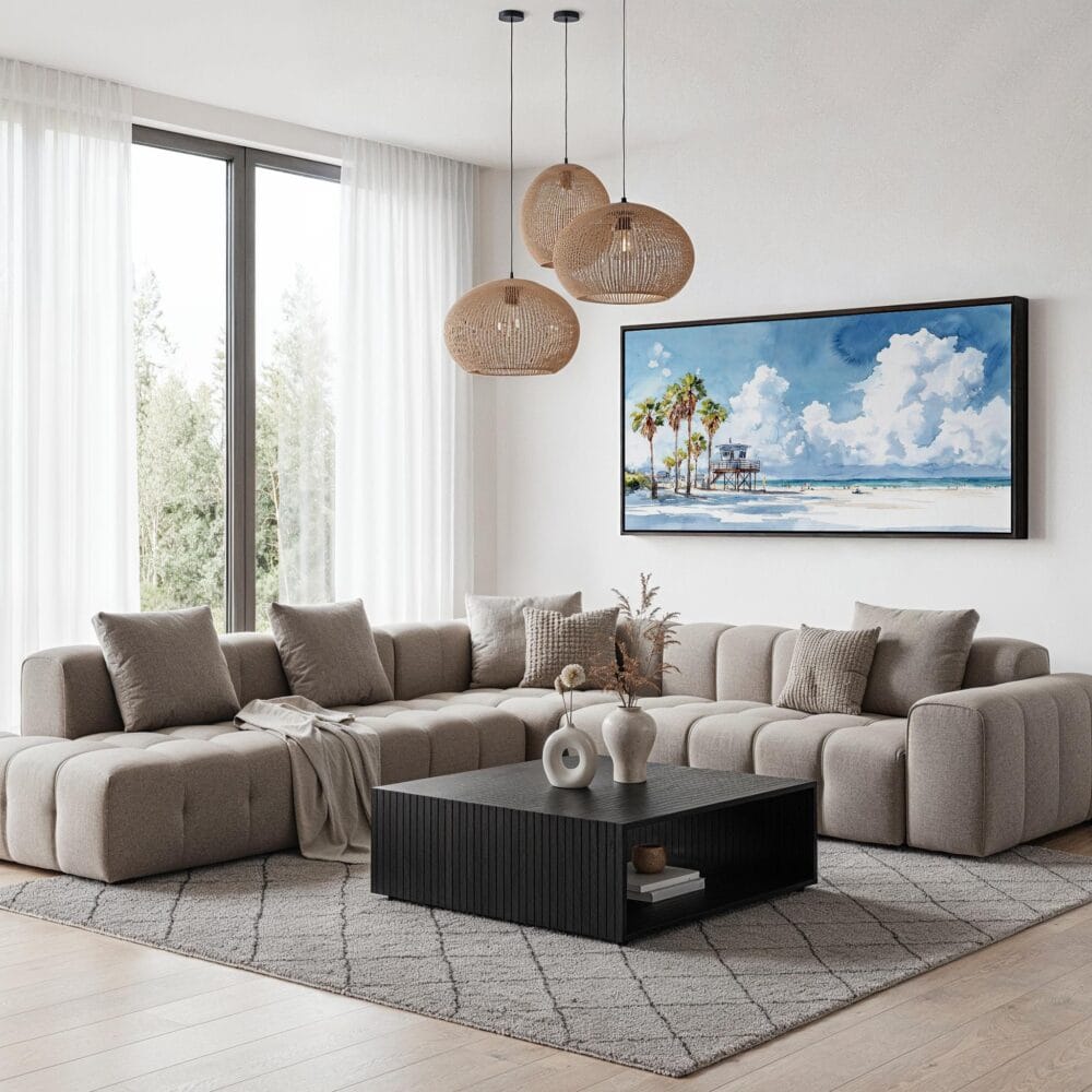05 - Los Angeles Beach Watercolor - Panorama Canvas Print with Black Floater Frame - Modern Living Room.jpg 05 - Los Angeles Beach Watercolor - Panorama Canvas Print with Black Floater Frame - Modern Living Room.jpg