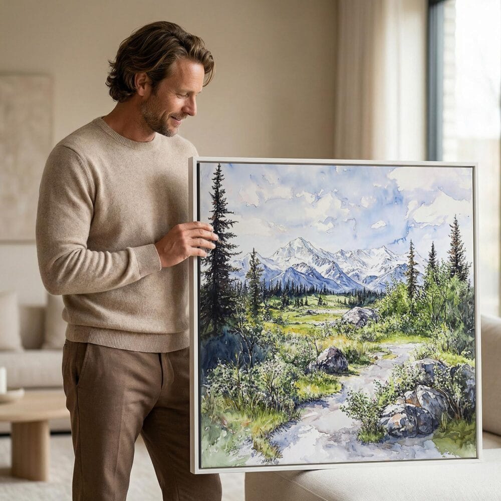 05 - Man holding Large Framed Denali National park Watercolor - Square Canvas Print.jpg 05 - Man holding Large Framed Denali National park Watercolor - Square Canvas Print.jpg