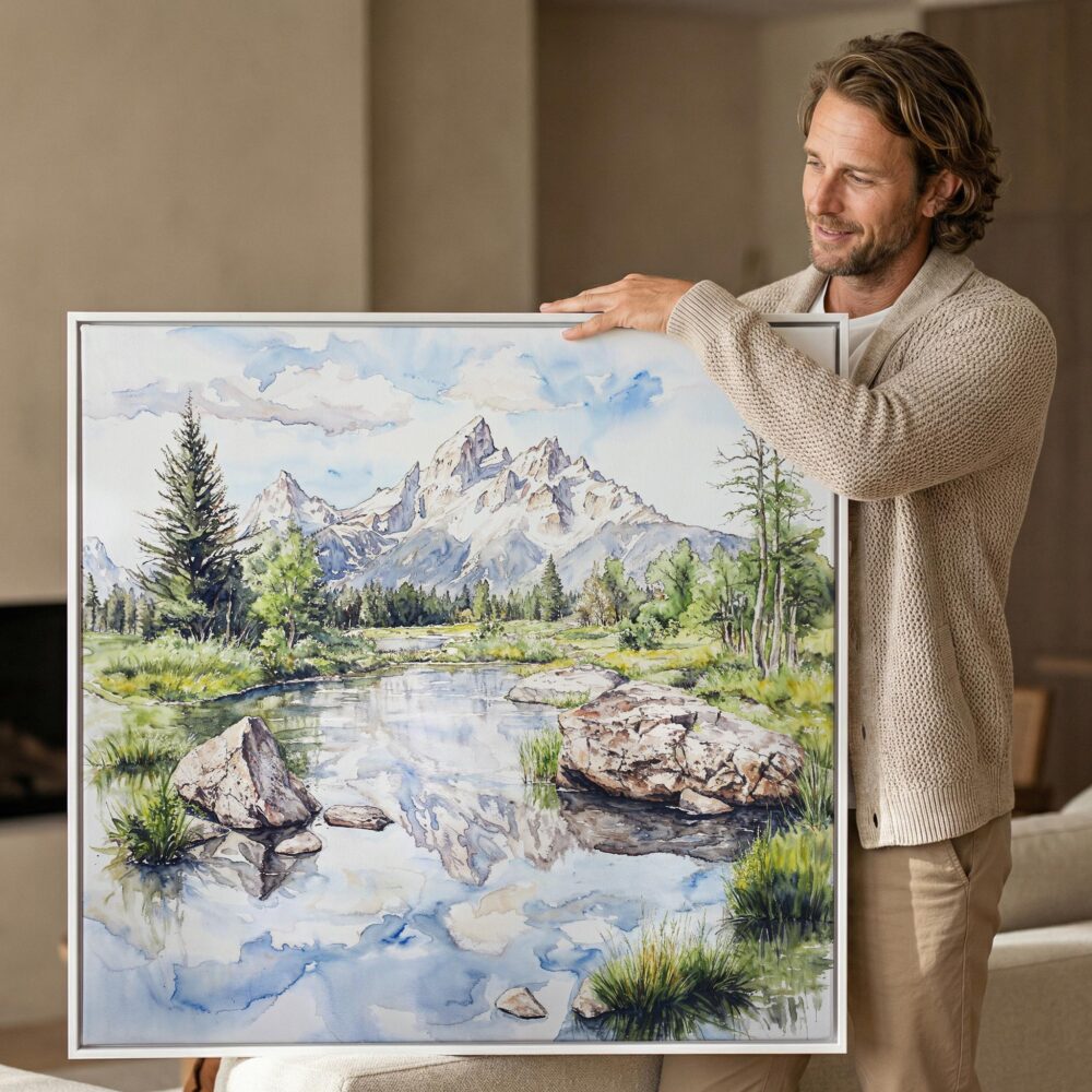 05 - Man holding Large Grand Teton National Park Watercolor - Square Canvas Print with White floater Frame.jpg 05 - Man holding Large Grand Teton National Park Watercolor - Square Canvas Print with White floater Frame.jpg