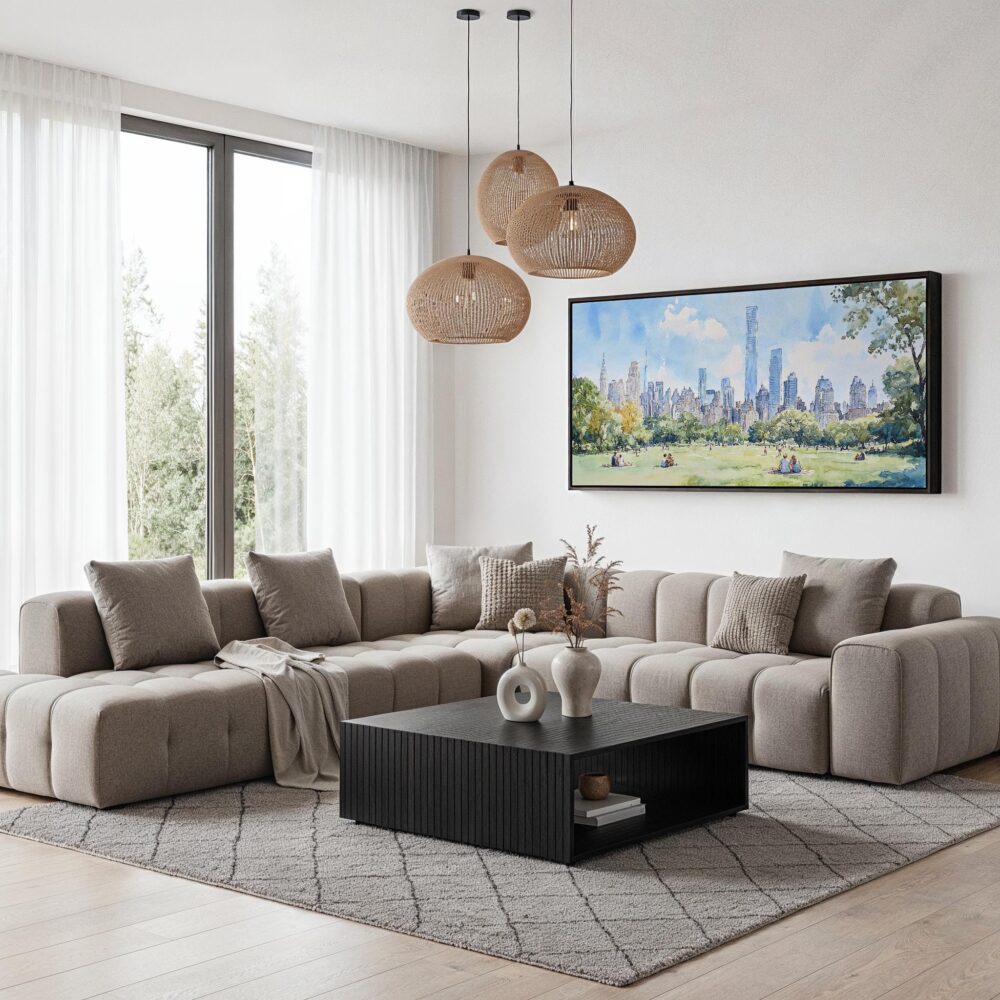 05 - New York Central Park Watercolor - Panorama Canvas Print with Black Floater Frame - Modern Living Room.jpg 05 - New York Central Park Watercolor - Panorama Canvas Print with Black Floater Frame - Modern Living Room.jpg