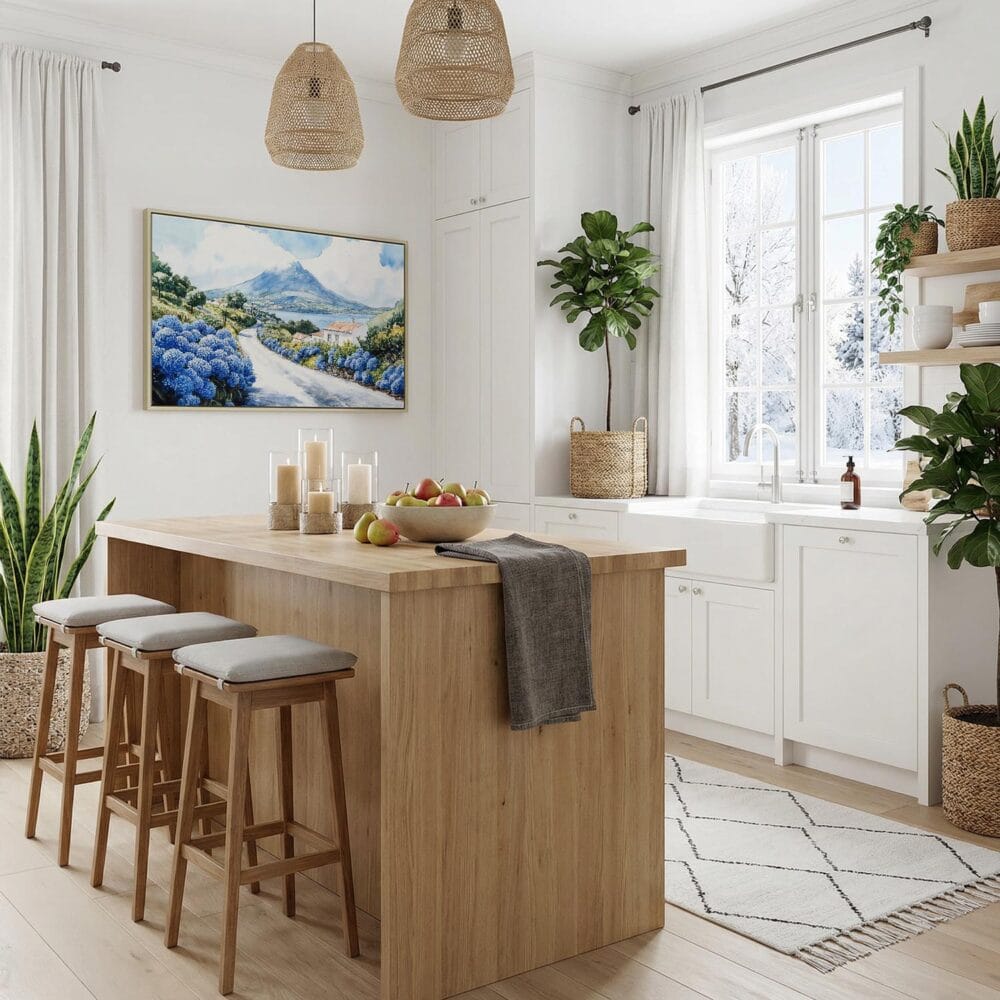 05 - Pico Island Portugal Watercolor - Horizontal Canvas Print with Natural Floater Frame in Kitchen.jpg 05 - Pico Island Portugal Watercolor - Horizontal Canvas Print with Natural Floater Frame in Kitchen.jpg