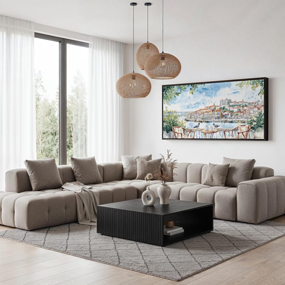 05 - Porto Balcony Watercolor - Panorama Canvas Print with Black Floater Frame - Modern Living Room.jpg 05 - Porto Balcony Watercolor - Panorama Canvas Print with Black Floater Frame - Modern Living Room.jpg