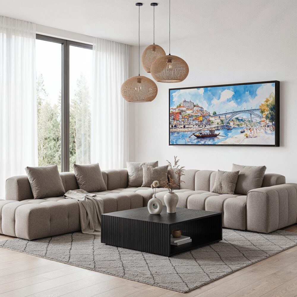 05 - Porto Ribeira Watercolor - Panorama Canvas Print with Black Floater Frame - Modern Living Room.jpg 05 - Porto Ribeira Watercolor - Panorama Canvas Print with Black Floater Frame - Modern Living Room.jpg