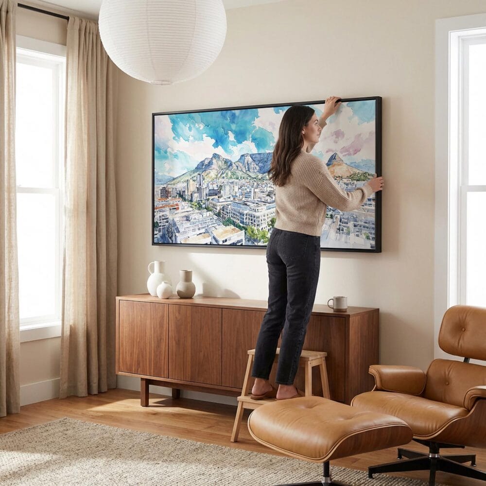 05 - Woman Hanging Cape Town Watercolor - Panorama Canvas Wall art with Natural Floater Frame in Living Room.jpg 05 - Woman Hanging Cape Town Watercolor - Panorama Canvas Wall art with Natural Floater Frame in Living Room.jpg