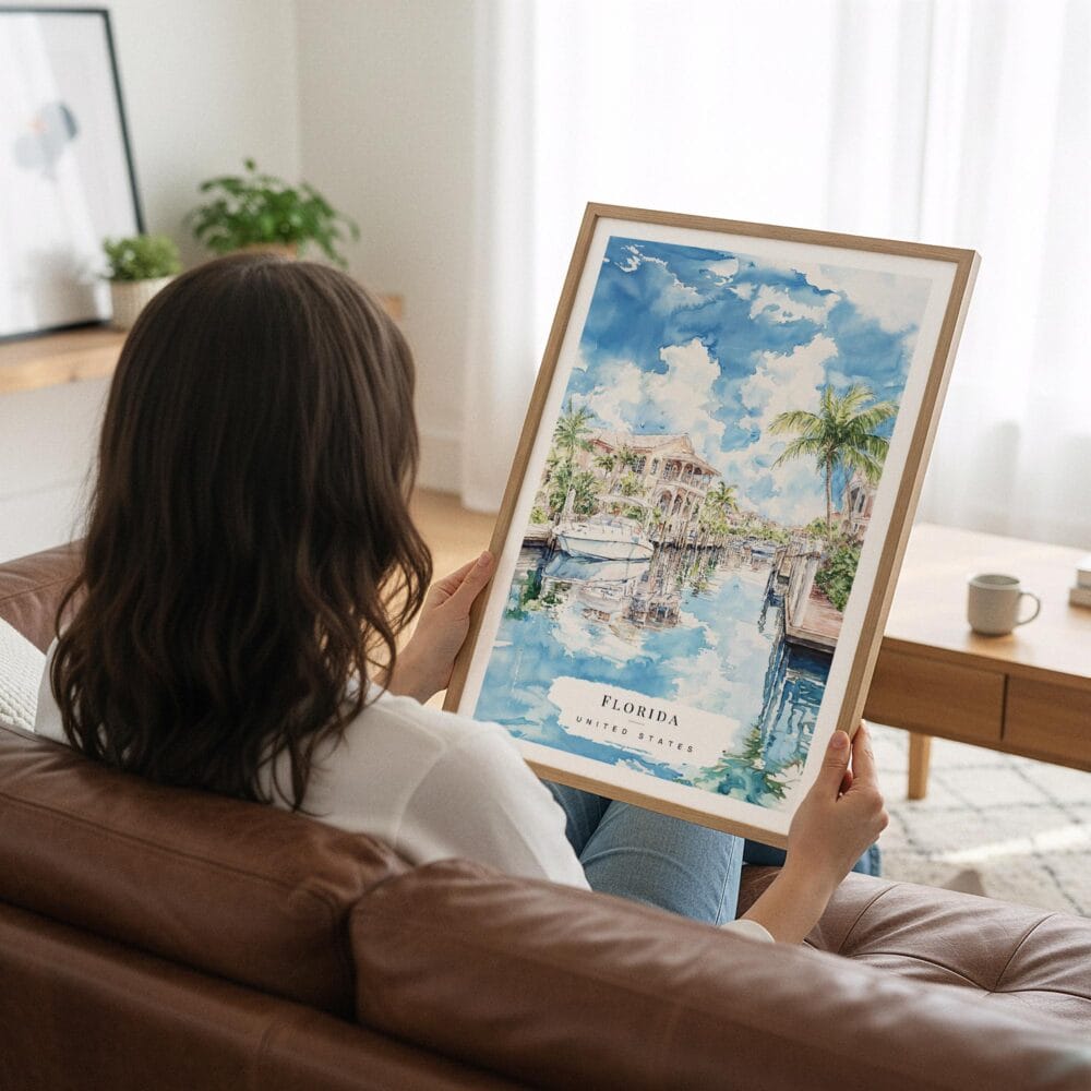 05 - Woman Holding Framed Florida Watercolor Art Print - Vertical.jpg 05 - Woman Holding Framed Florida Watercolor Art Print - Vertical.jpg