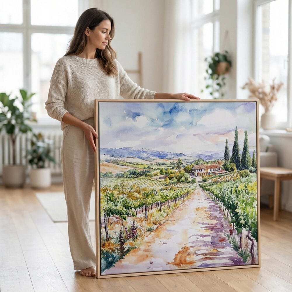05 - Woman standing in living room with Large Napa Valley Vineyard Watercolor - Square Canvas Print with Natural floater Frame.jpg 05 - Woman standing in living room with Large Napa Valley Vineyard Watercolor - Square Canvas Print with Natural floater Frame.jpg