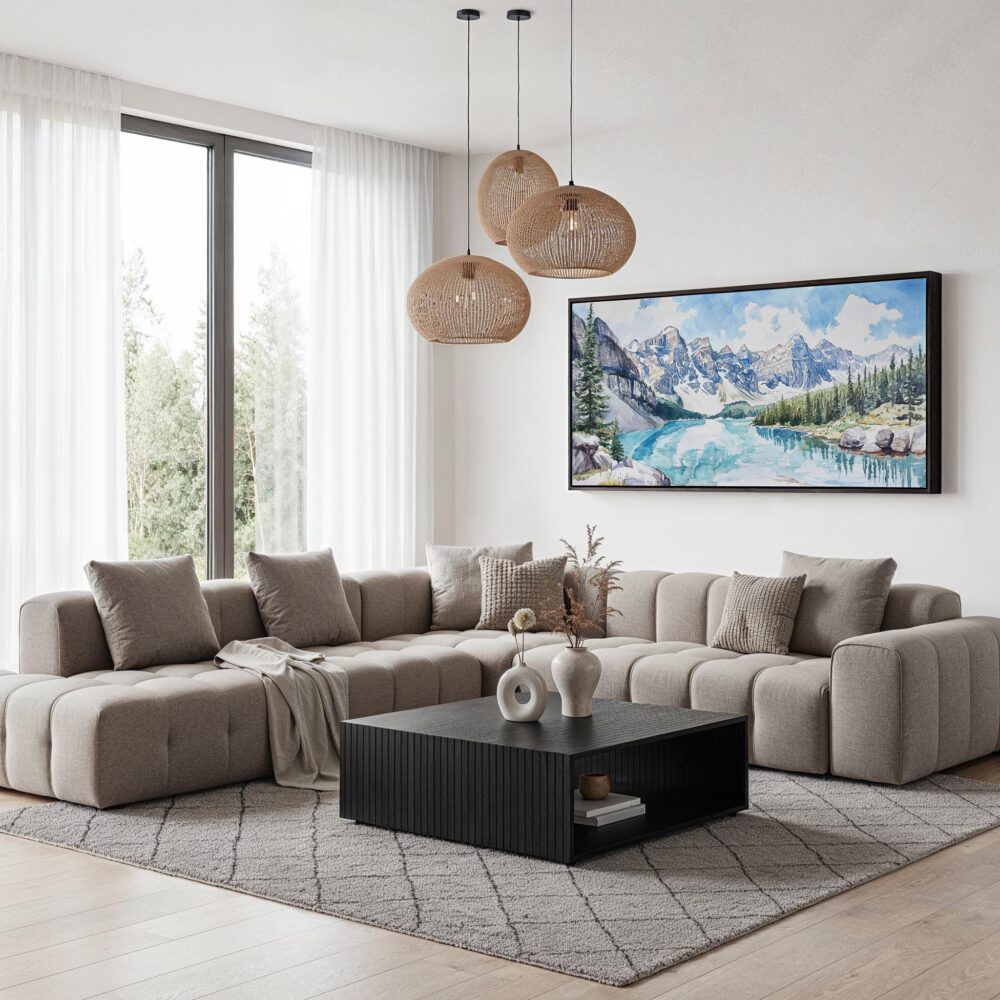 06 - Banff National Park Watercolor - Panorama Canvas Print with Black Floater Frame - Modern Living Room.jpg 06 - Banff National Park Watercolor - Panorama Canvas Print with Black Floater Frame - Modern Living Room.jpg