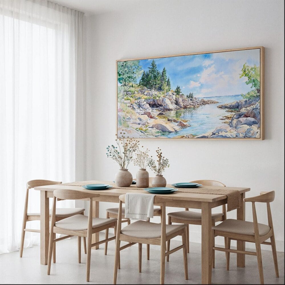 06 - Framed Acadia National Park Panorama Watercolor Canvas Print - Dining Table.jpg 06 - Framed Acadia National Park Panorama Watercolor Canvas Print - Dining Table.jpg