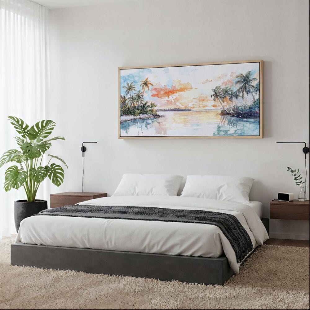06 - Framed Biscayne National Park Watercolor - Panorama Canvas Print - Woman in contemporary Bed Room.jpg 06 - Framed Biscayne National Park Watercolor - Panorama Canvas Print - Woman in contemporary Bed Room.jpg