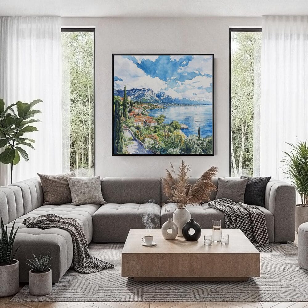 06 - Framed Lake Garda Italy Square Watercolor Canvas Print - Contemporary Living Room.jpg 06 - Framed Lake Garda Italy Square Watercolor Canvas Print - Contemporary Living Room.jpg