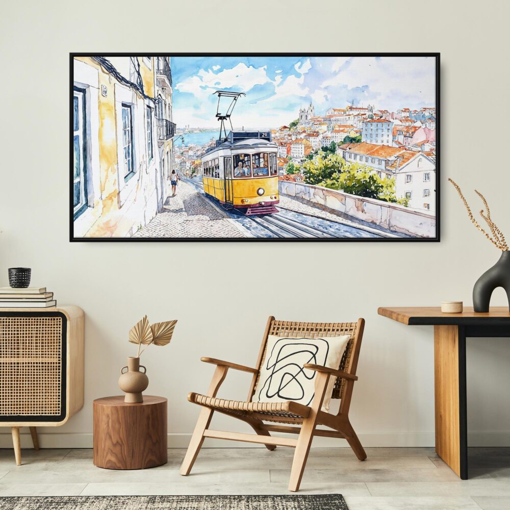 06 - Framed Lisbon Portugal Yellow Tram Watercolor - Panorama Canvas Print - Boho Chair.jpg 06 - Framed Lisbon Portugal Yellow Tram Watercolor - Panorama Canvas Print - Boho Chair.jpg