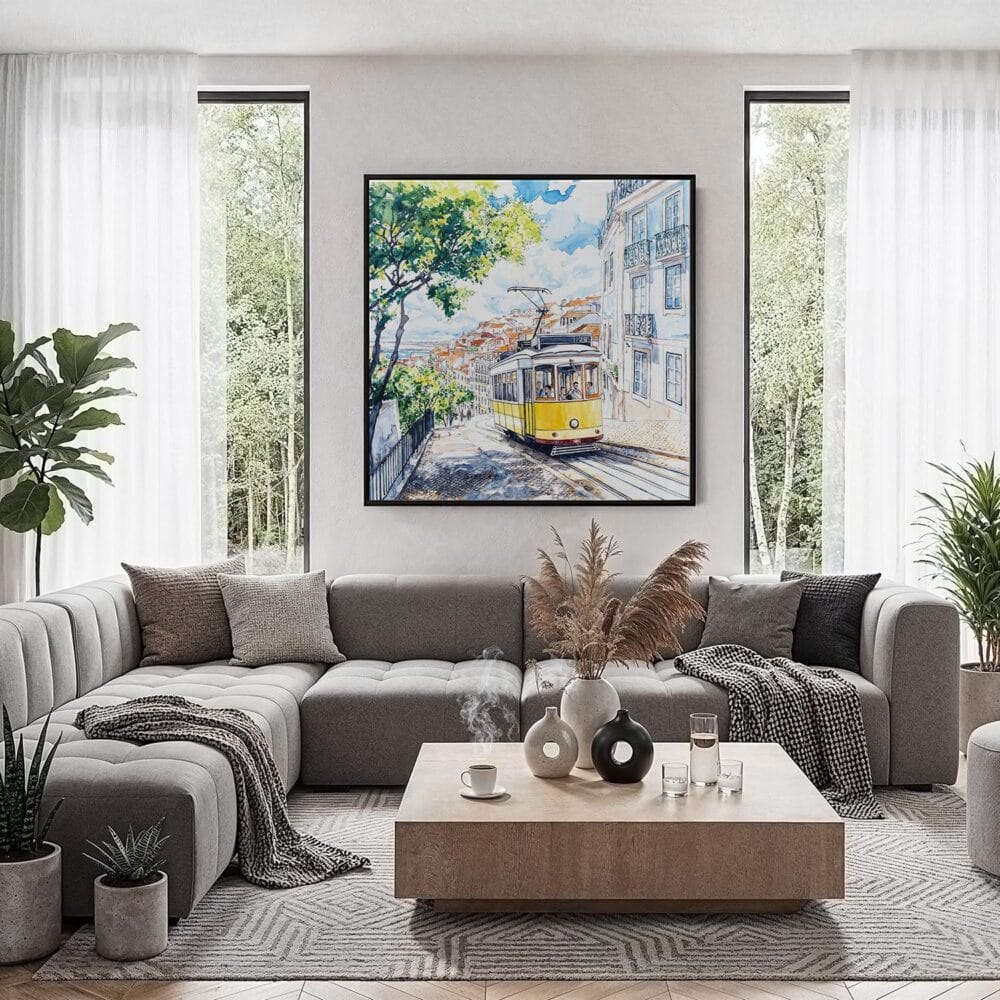 06 - Framed Lisbon Portugal Yellow Tram Watercolor - Square Canvas Print - Contemporary Living Room.jpg 06 - Framed Lisbon Portugal Yellow Tram Watercolor - Square Canvas Print - Contemporary Living Room.jpg