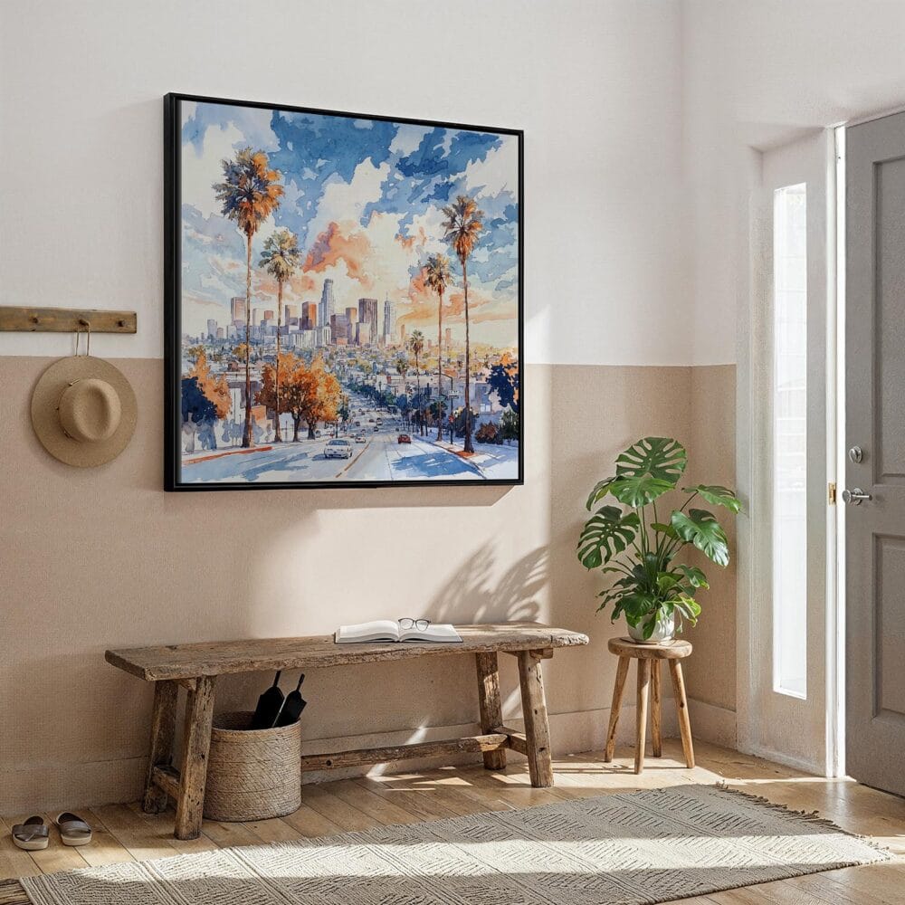 06 - Framed Los Angeles Skyline Watercolor - Square Canvas Print - Hallway.jpg 06 - Framed Los Angeles Skyline Watercolor - Square Canvas Print - Hallway.jpg