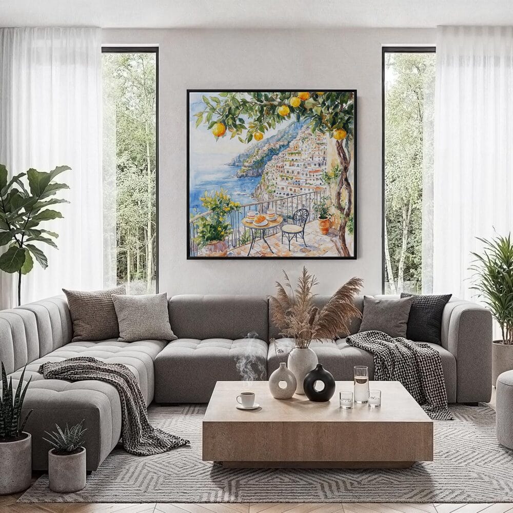 06 - Framed Morning Coffee at Amalfi Coast Italy Watercolor - Square Canvas Print - Contemporary Living Room.jpg 06 - Framed Morning Coffee at Amalfi Coast Italy Watercolor - Square Canvas Print - Contemporary Living Room.jpg