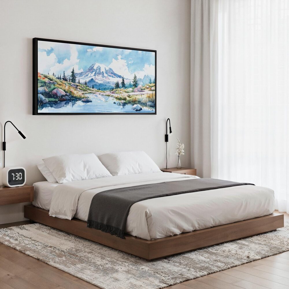 06 - Framed Mount Rainier Panorama Watercolor Canvas Print - Bedroom.jpg 06 - Framed Mount Rainier Panorama Watercolor Canvas Print - Bedroom.jpg