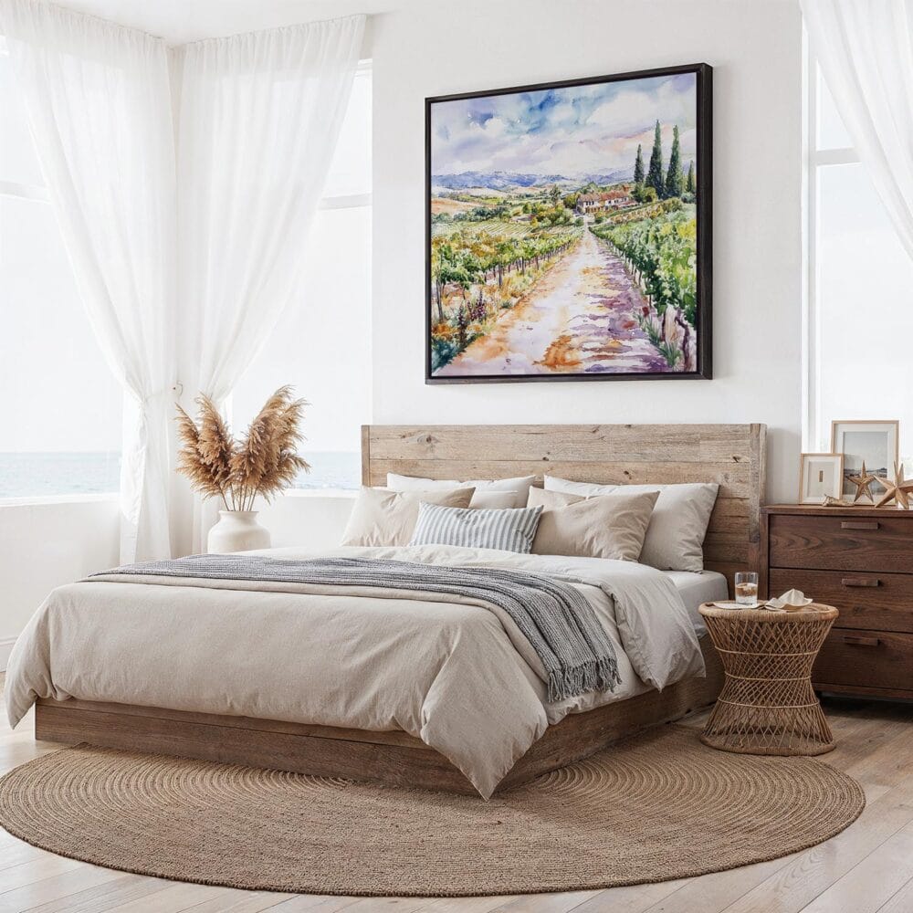 06 - Framed Napa Valley Vineyard Watercolor - Square Canvas Print - Bedroom.jpg 06 - Framed Napa Valley Vineyard Watercolor - Square Canvas Print - Bedroom.jpg
