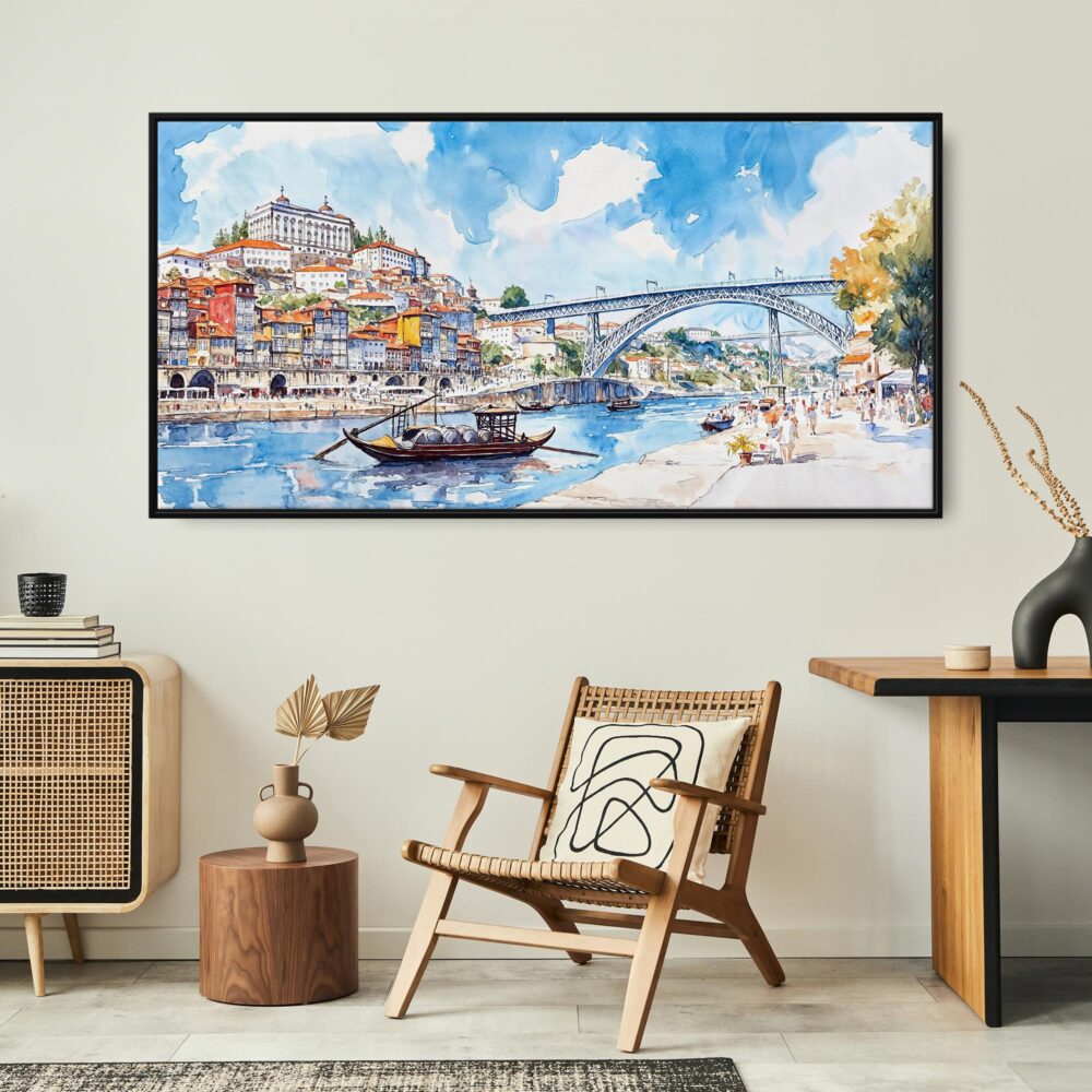 06 - Framed Porto Ribeira Watercolor - Panorama Canvas Print - Boho Chair.jpg 06 - Framed Porto Ribeira Watercolor - Panorama Canvas Print - Boho Chair.jpg