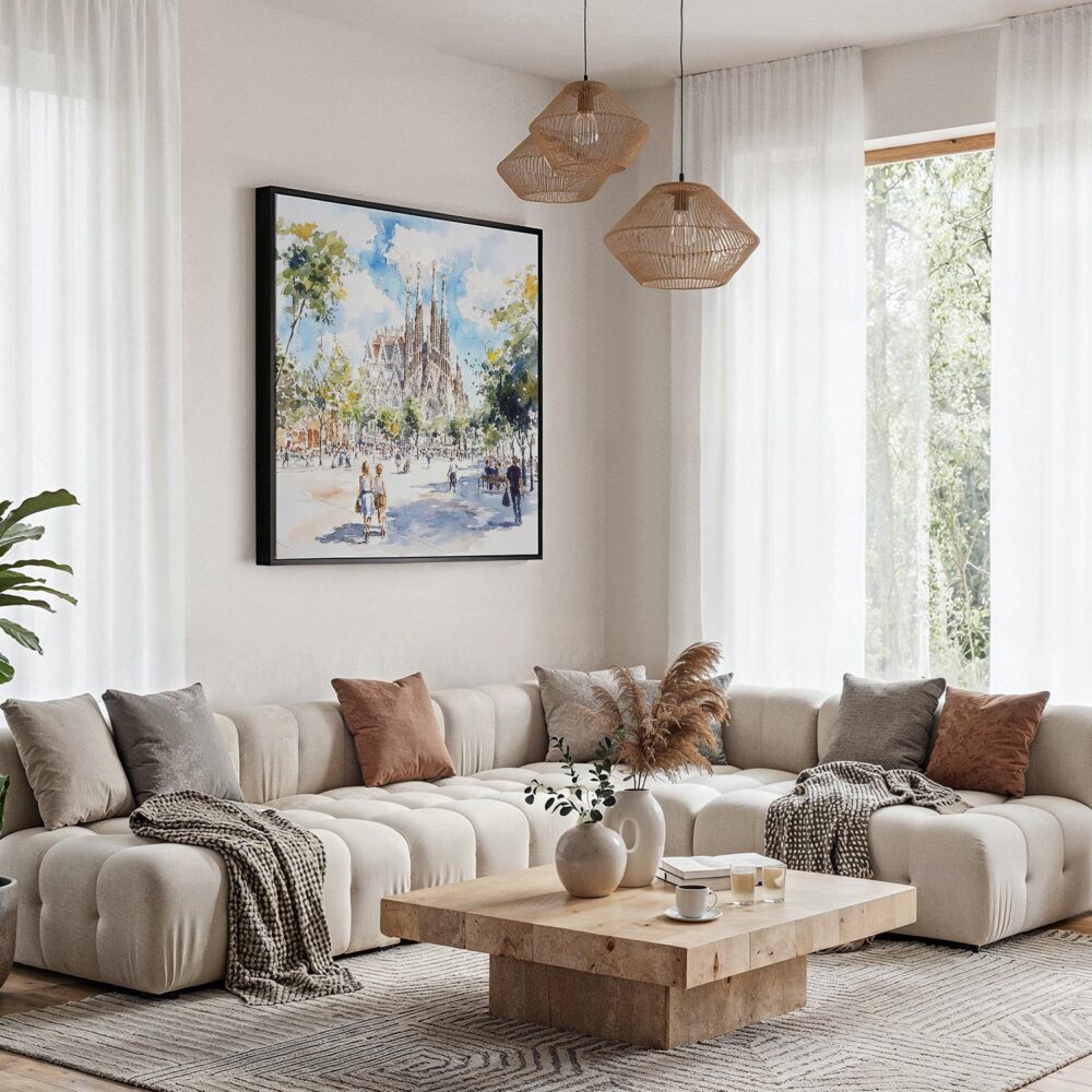 06 - Framed Sagrada familia Watercolor - Square Canvas Print - Boho Living Room.jpg 06 - Framed Sagrada familia Watercolor - Square Canvas Print - Boho Living Room.jpg