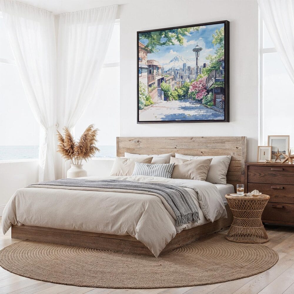 06 - Framed Seattle Watercolor - Square Canvas Print - Bedroom.jpg 06 - Framed Seattle Watercolor - Square Canvas Print - Bedroom.jpg