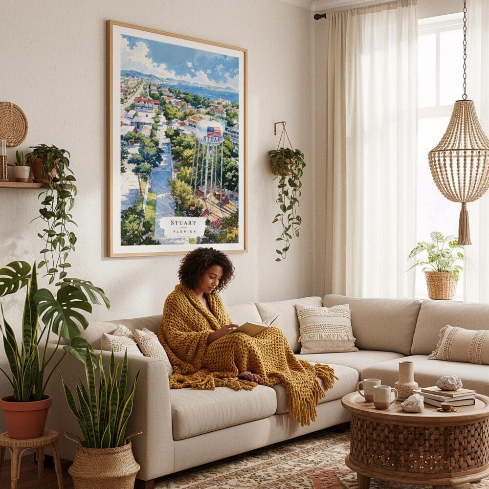 06 - Framed Stuart Florida Watercolor Art Print - In Bohi Living Room with Woman reading - Vertical.jpg 06 - Framed Stuart Florida Watercolor Art Print - In Bohi Living Room with Woman reading - Vertical.jpg