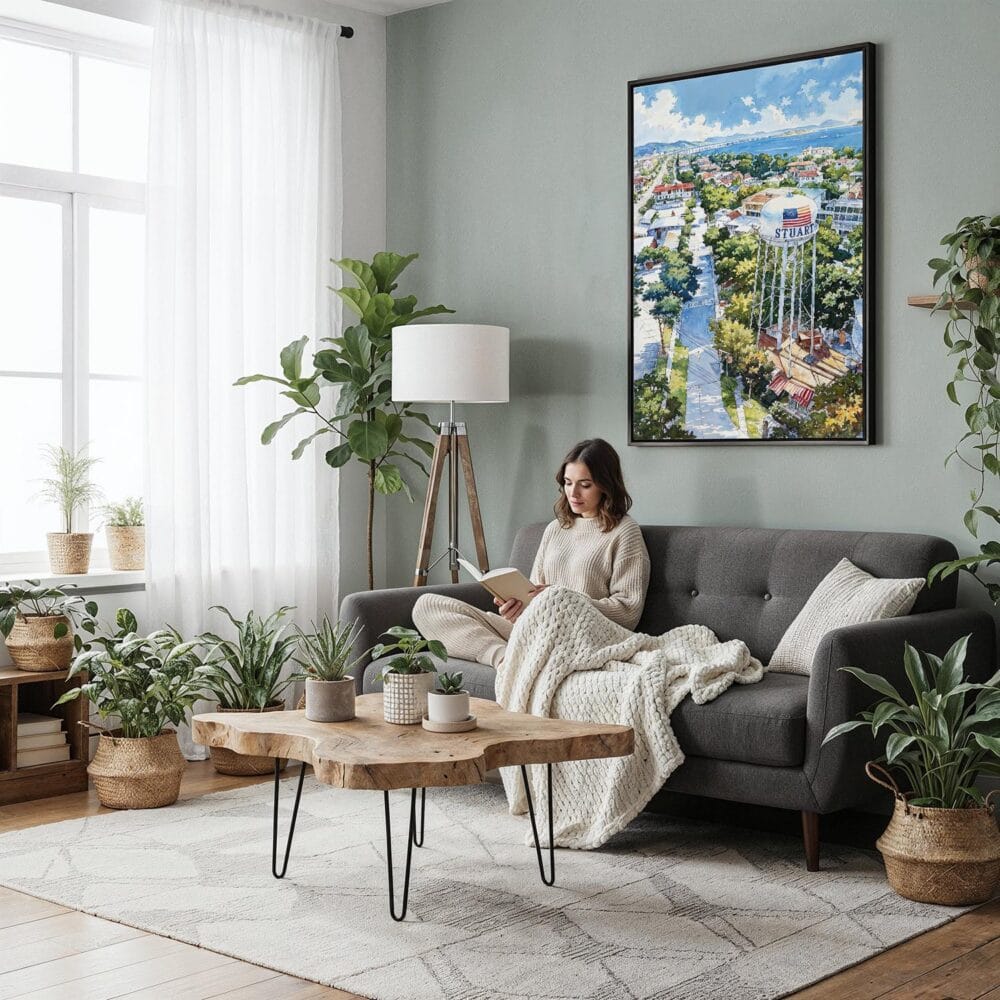06 - Framed Stuart Florida Watercolor Canvas Print - Woman reading in Boho Living Room - Vertical.jpg 06 - Framed Stuart Florida Watercolor Canvas Print - Woman reading in Boho Living Room - Vertical.jpg