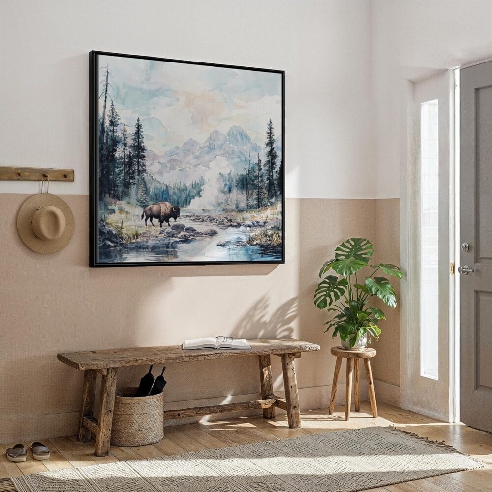 06 - Framed Yellowstone National Park Watercolor Style - Square Canvas Print - Hallway.jpg 06 - Framed Yellowstone National Park Watercolor Style - Square Canvas Print - Hallway.jpg