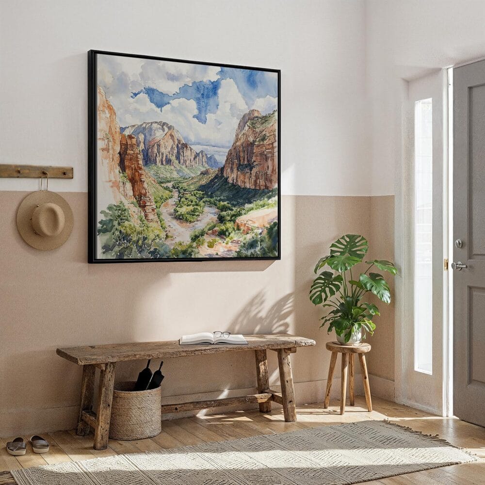 06 - Framed Zion National Park Watercolor Style - Square Canvas Print - Hallway.jpg 06 - Framed Zion National Park Watercolor Style - Square Canvas Print - Hallway.jpg