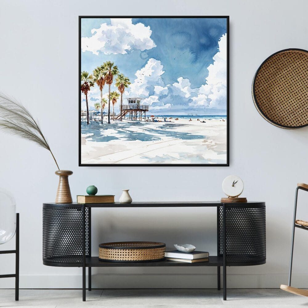 06 - Large Los Angeles Beach Watercolor - Square Canvas Print in Midcentury Corner.jpg 06 - Large Los Angeles Beach Watercolor - Square Canvas Print in Midcentury Corner.jpg